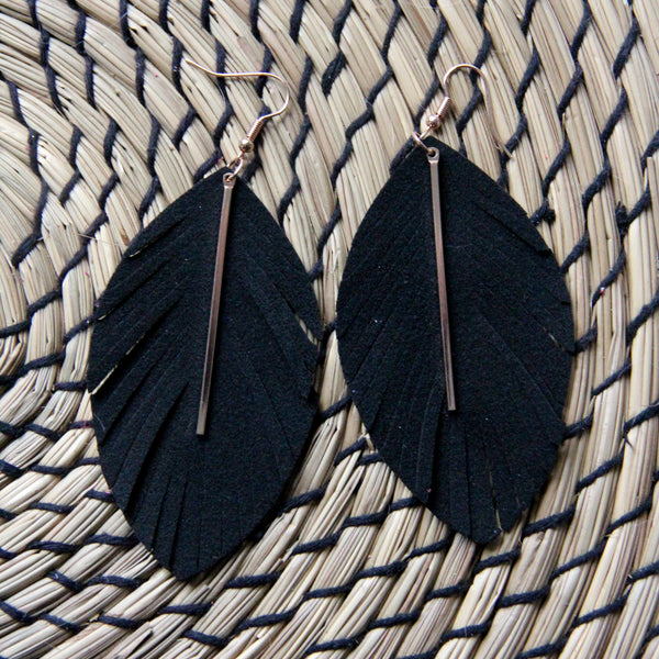 Raven Earrings - Black Feather with Gold Bar