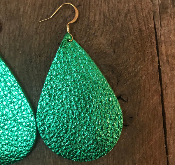 metallic-green-teardrop-leather-earrings