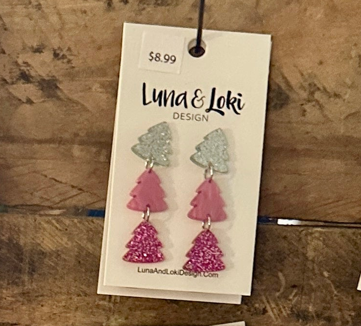 Pink Glitter Triple Christmas Trees Earrings
