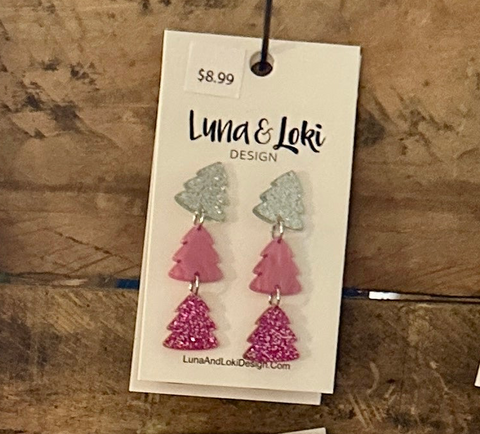 Pink Glitter Triple Christmas Trees Earrings