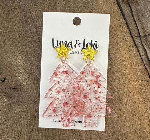 Pink Glitter Christmas Tree Earrings