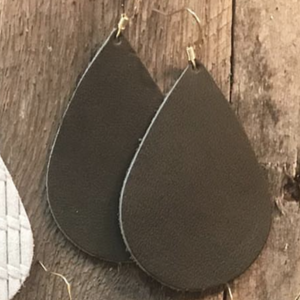Olive Green Smooth Leather Teardrop Earrings