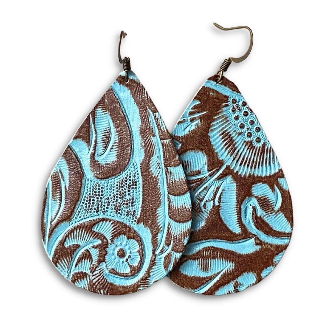 Western Turquoise and Brown Tooled Leather Teardrop Earrings