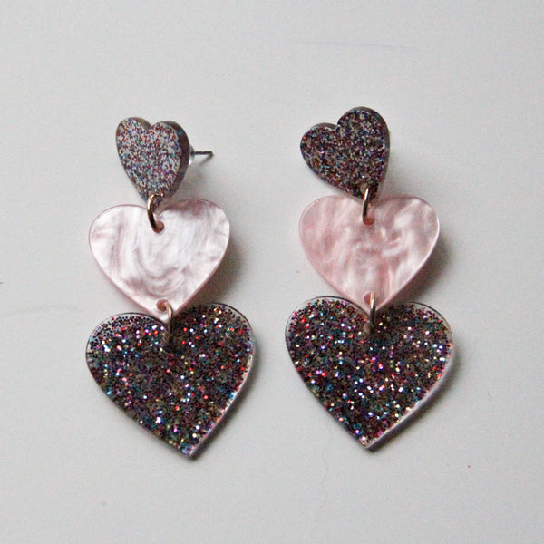 Multicolored Glitter Heart Trio Earrings