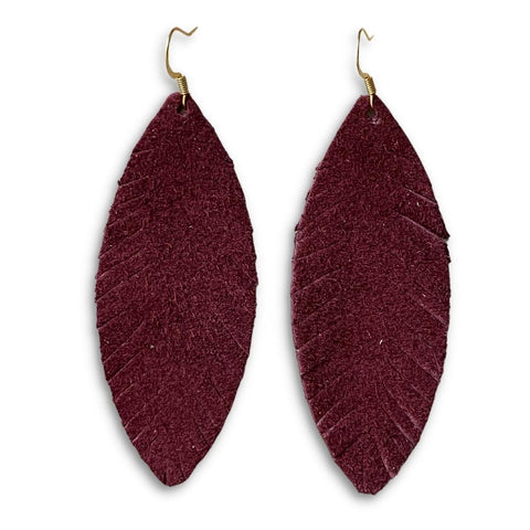 Western Abby - Maroon Suede Leather Feather Earrings