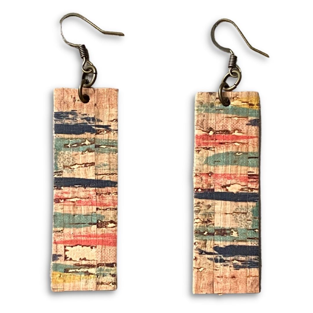 Watercolor Joanna - Striped Cork and Leather Bar Rectangle Earrings