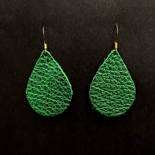 Metallic Green Teardrop Leather Earrings