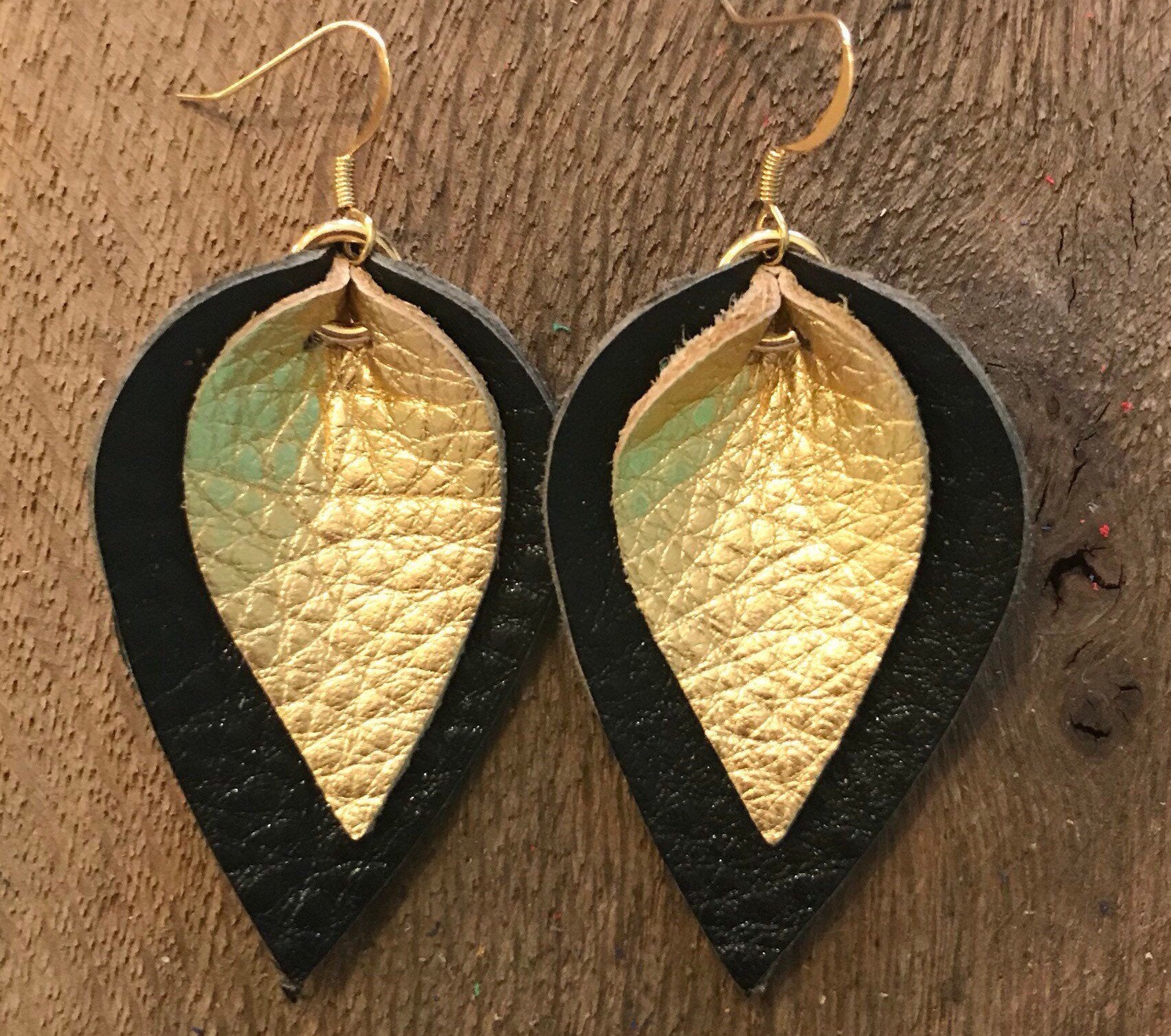 Katie - Double Layered Leather Leaf Shaped Earrings in Black and Metal ...
