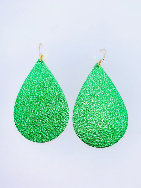 metallic-green-teardrop-leather-earrings