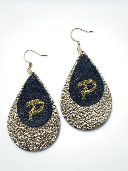 black-and-gold-p-team-pennteardrop-leather-earrings